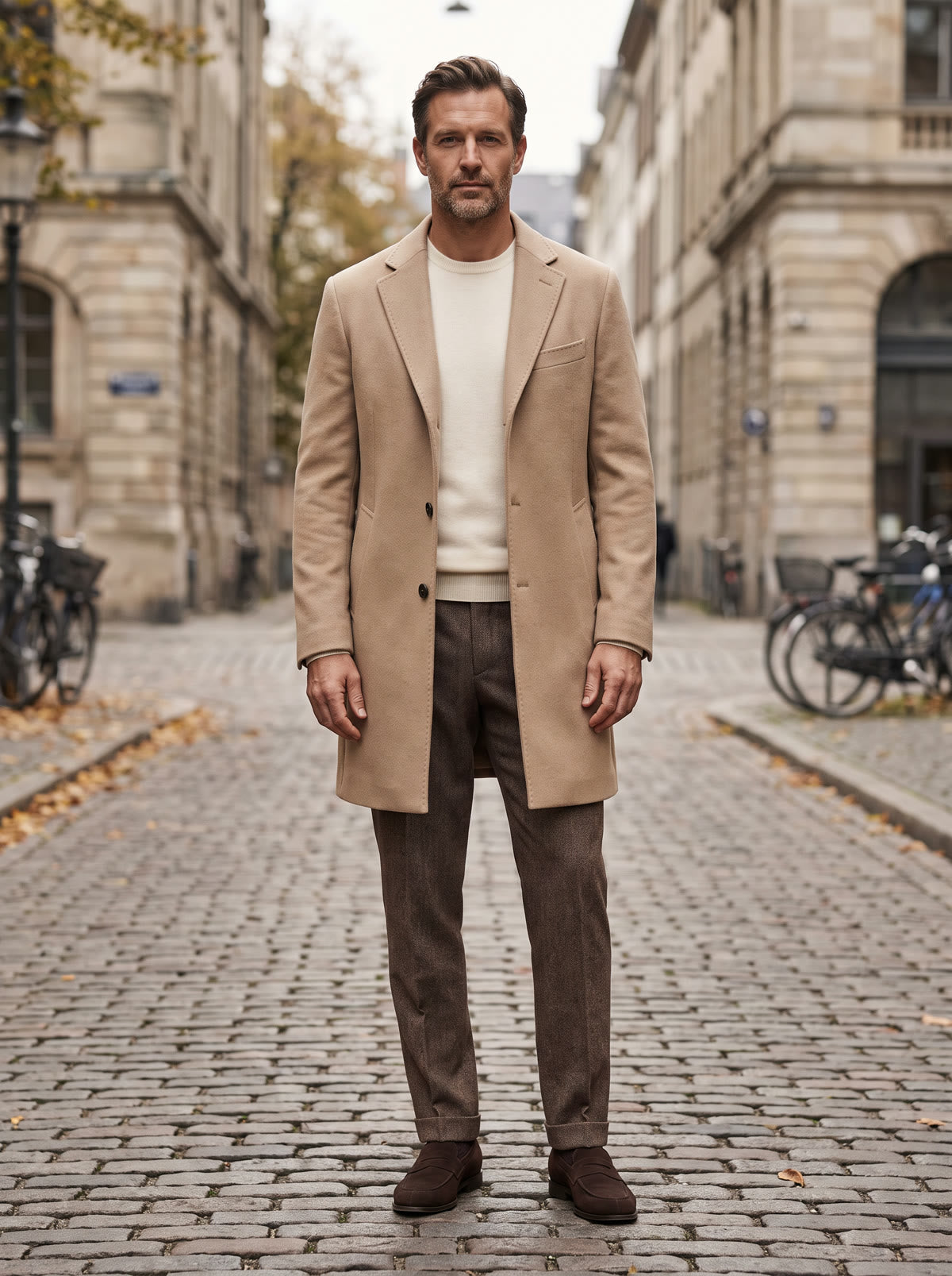 Man in a beige overcoat, cream crewneck and brown wool trousers