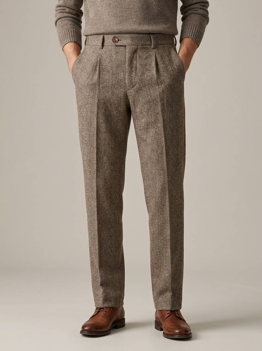 Men's Herringbone Wool Trousers in Brown