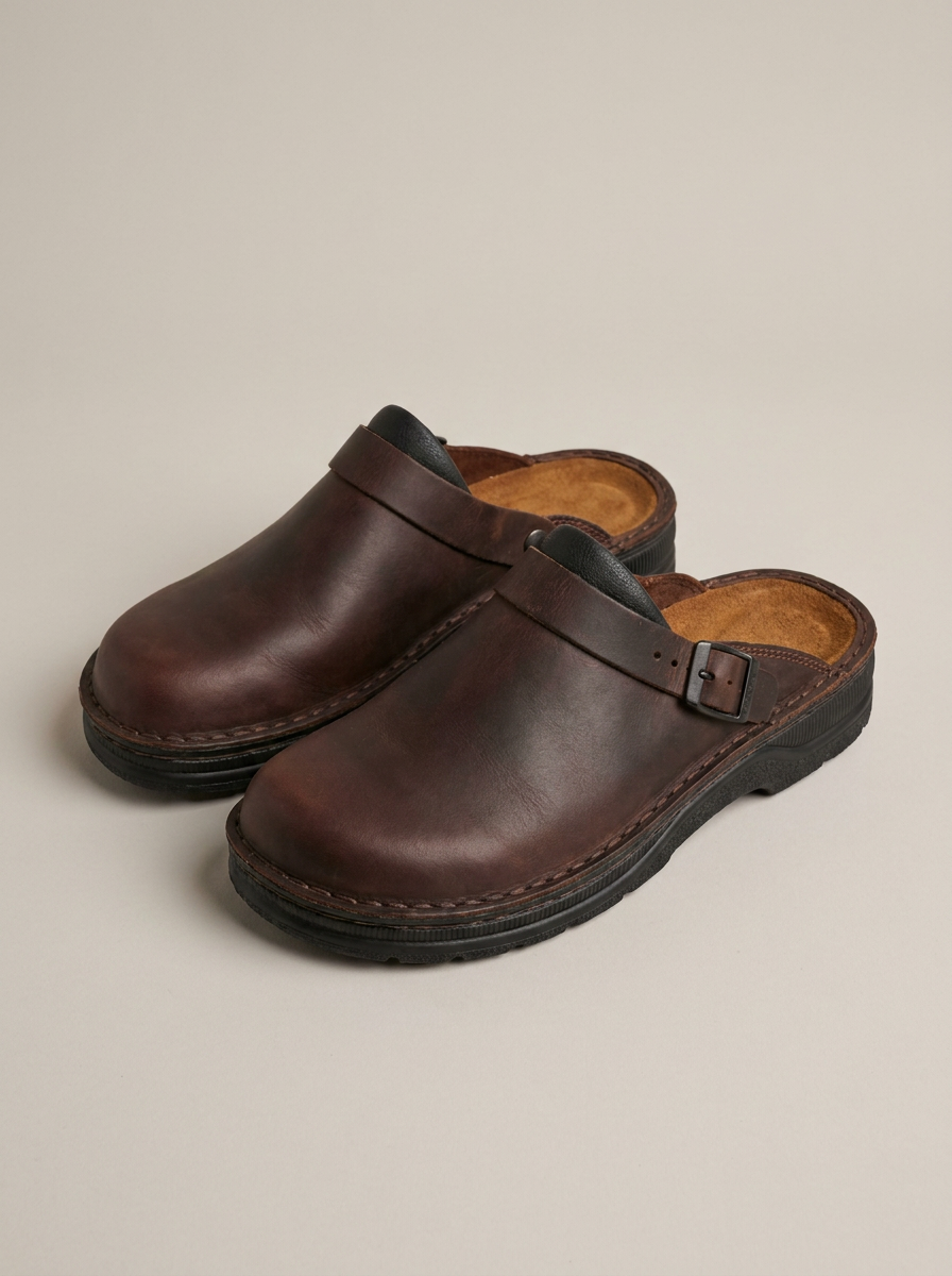 Men's Leather Comfort Clogs in Dark Brown