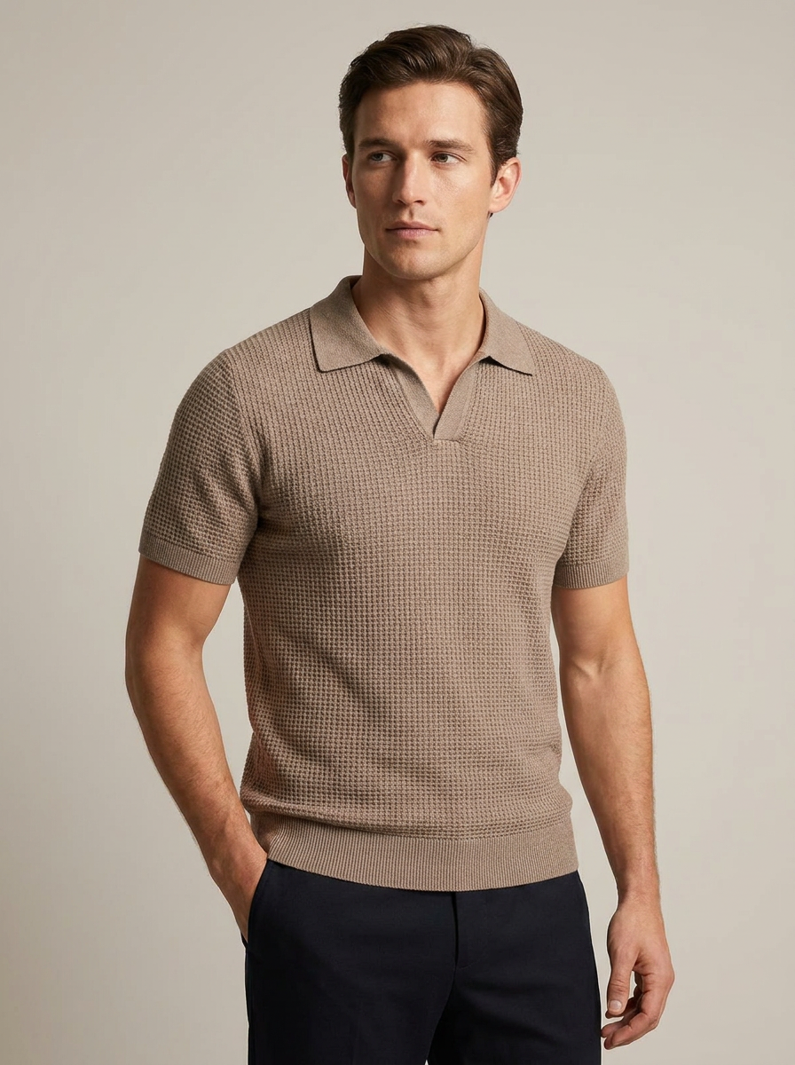 Men's Open-Collar Knit Polo in Mocha