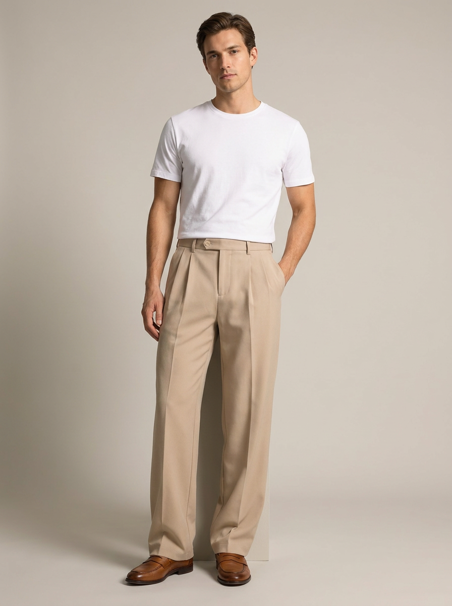 Men's Straight-Leg Tailored Trousers in Beige