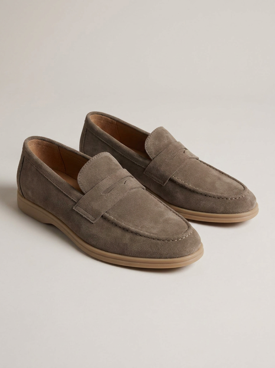 Men's Suede Penny Loafers in Taupe