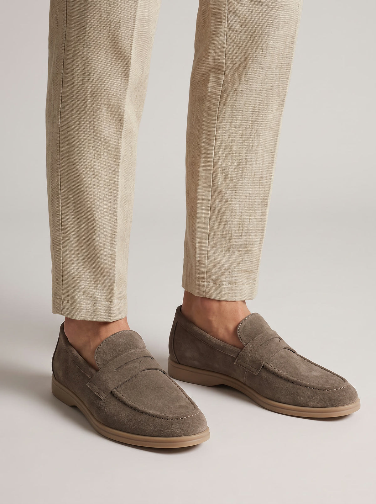 Men's Suede Penny Loafers in Taupe