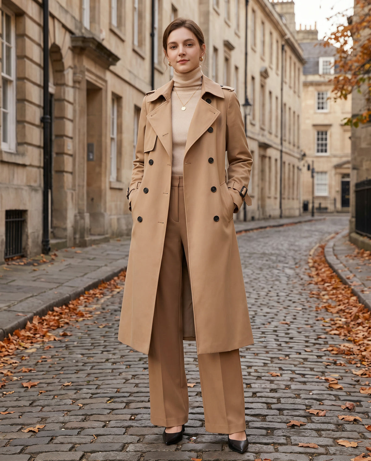 The belted trench: Belted Trench Coat, Cashmere Turtleneck Sweater, High-Waisted Wide-Leg Trousers