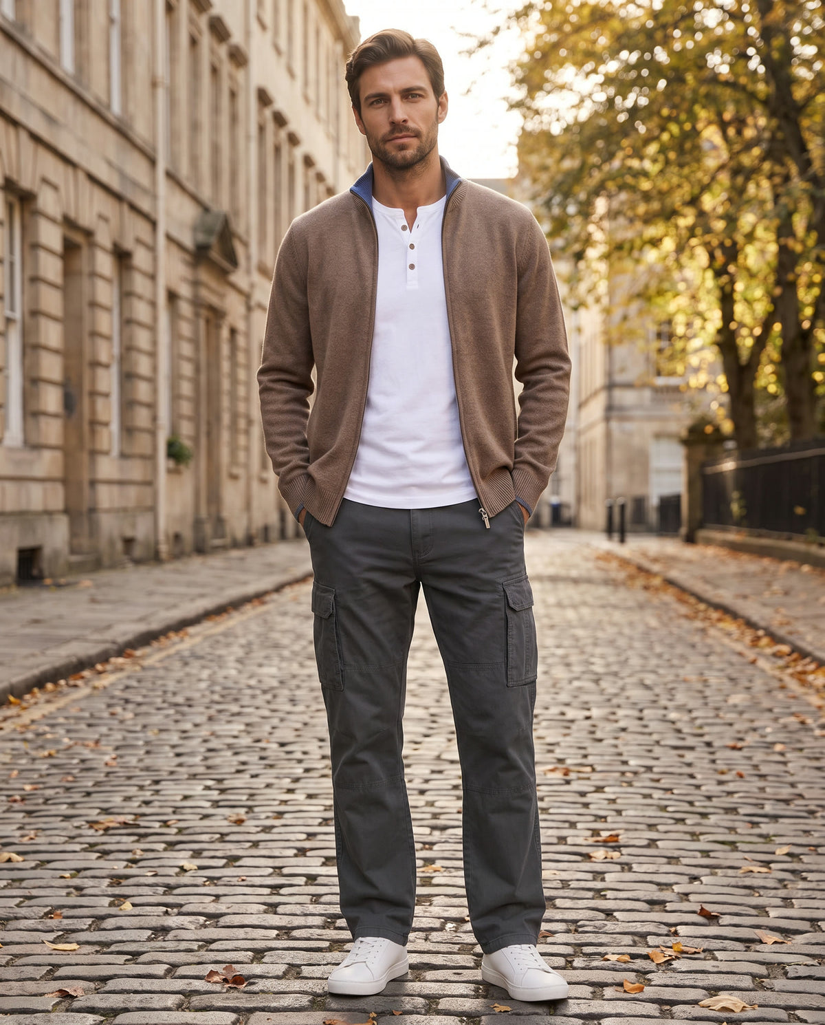 Weekend layers: Merino Zip Jacket, Slim Fit Henley T-Shirt, Organic Cotton Cargo Trousers