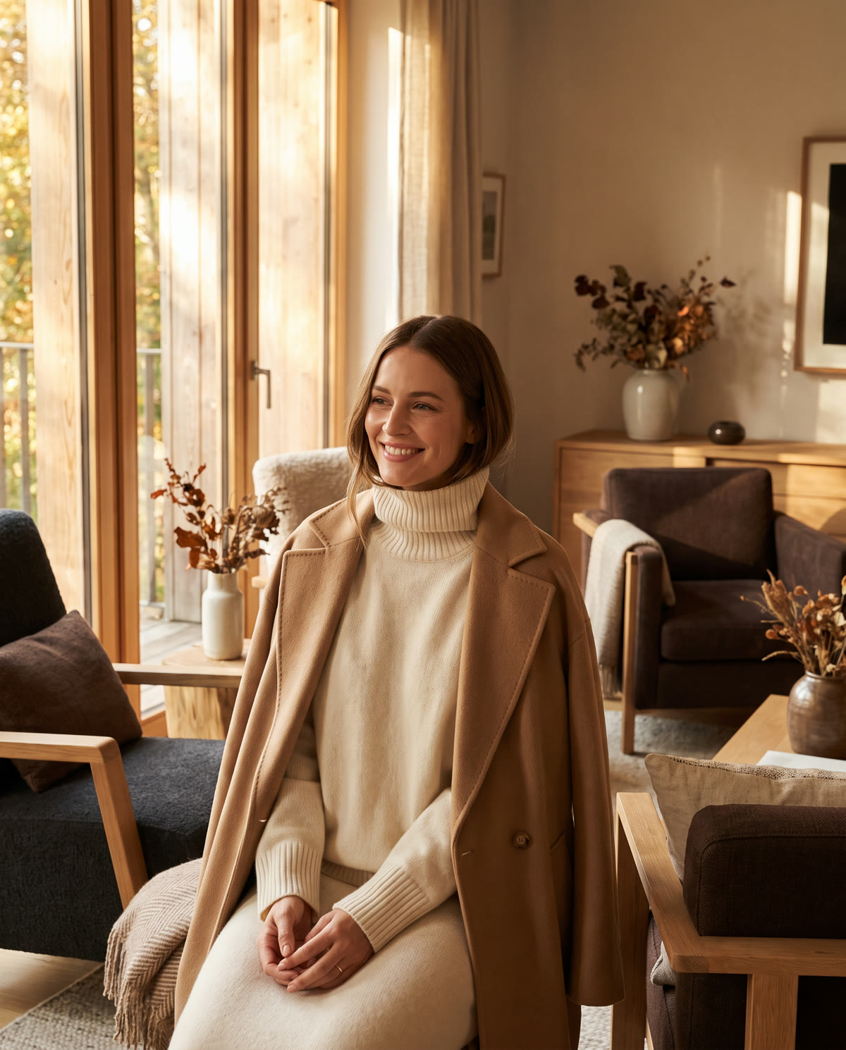 Woman in a cream turtleneck and camel coat relaxing at home