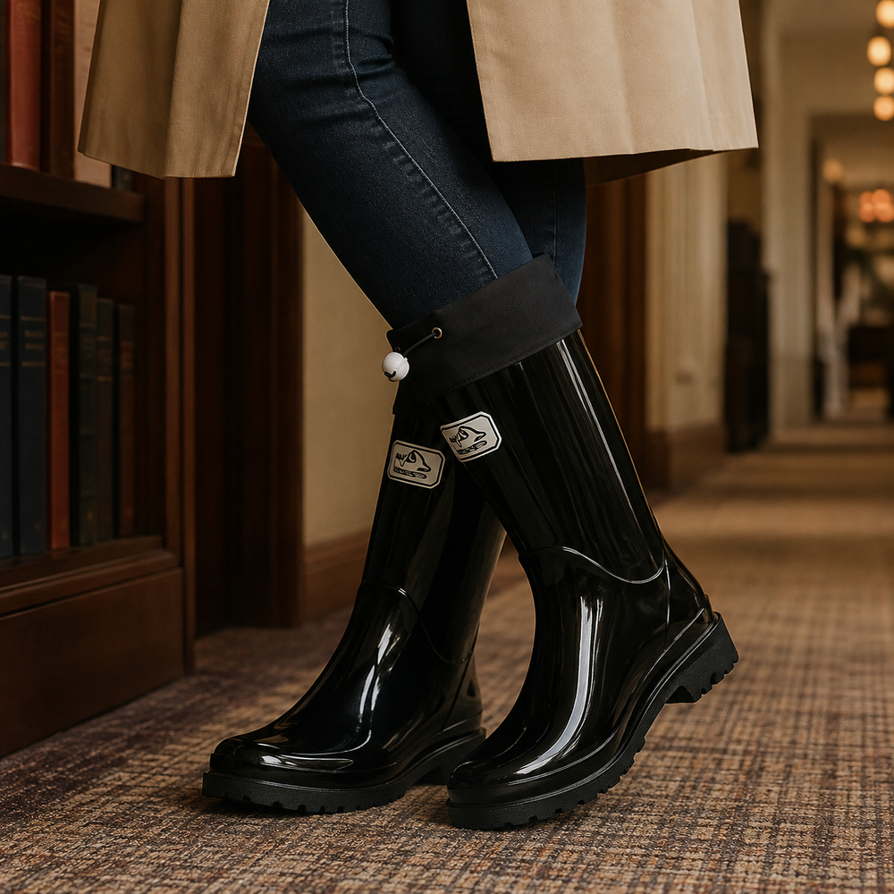Women's Drawstring Rain Boots in Black