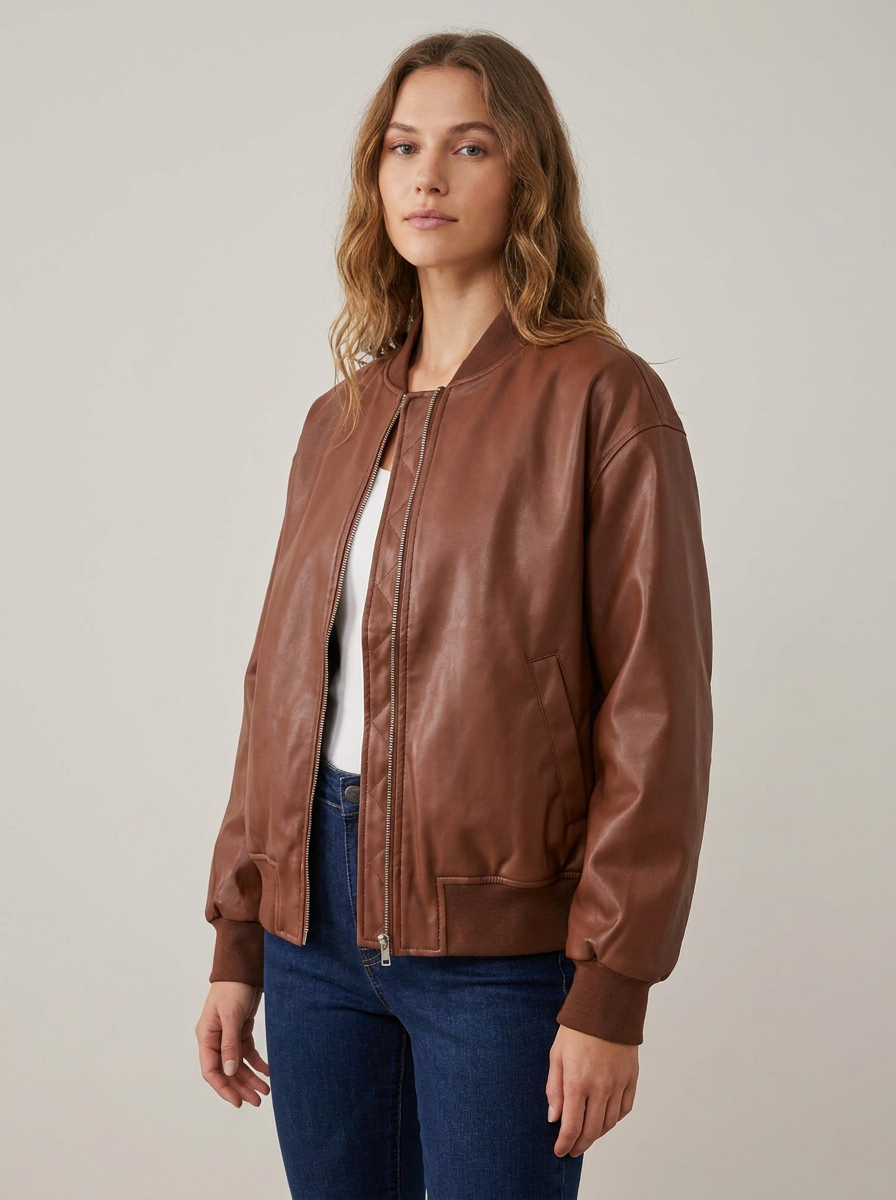 Women's Leather Bomber Jacket in Brown